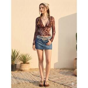 VTG Y2K Windsor Brown Mesh Babydoll Top Ruched Boho 90s Hippie Fairy Grunge Sz M